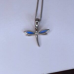 925 Silver Dragonfly Necklace Pendant and 18" Chain Made in Italy, Blue EUC